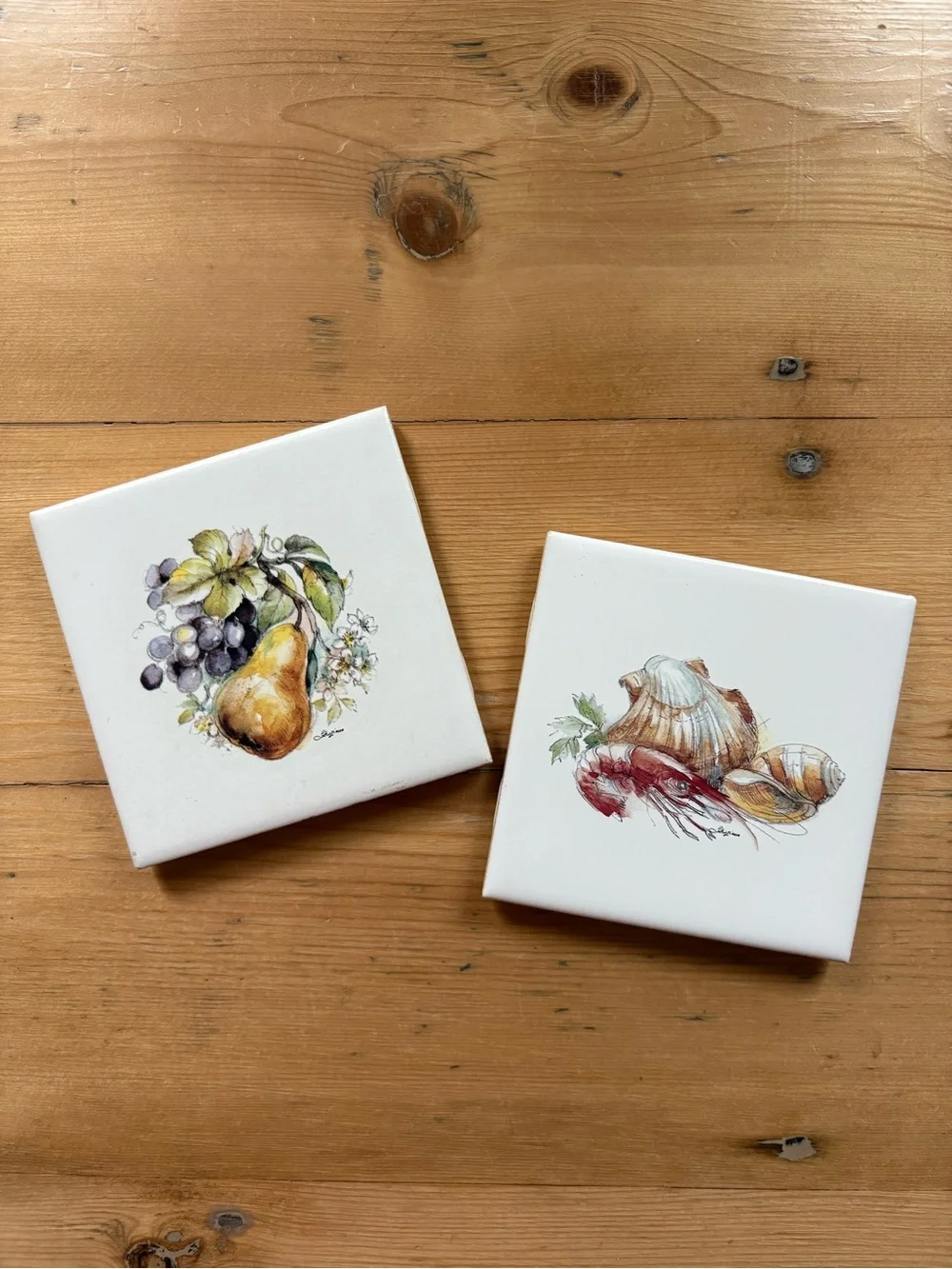 Set of 2 Decorative Ceramic Tiles with Fruit & Shell Illustrations